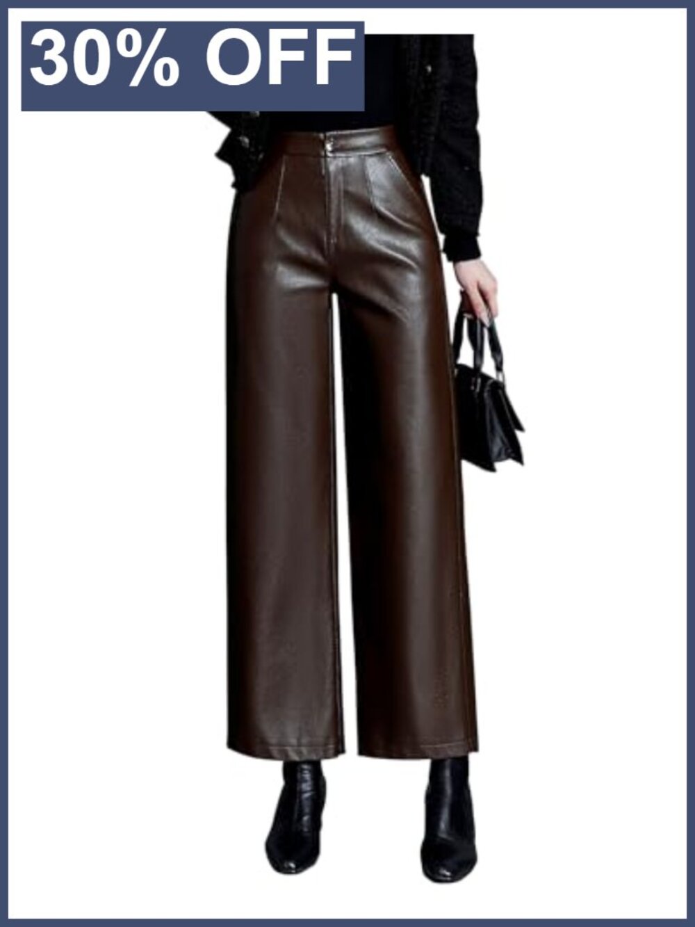 Faux Leather Pants Straight Wide Leg PU Trousers with Pockets